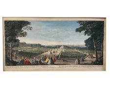 Three 18th century hand coloured prints of gardens, including a pair of views of Vauxhall Gardens, e
