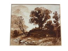Manner of Alexander Cozens (1717-1786) monotone study of figures in a landscape, 14 x 16cm, mounted