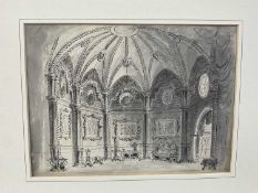 Manner of John Scarlett Davis (1804-1845) pen and grey wash, grand interior, 20 x 28cm, mounted but