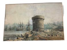 English School, early 19th century, watercolour, Naval ships off of a foreign outpost, 24 x 38cm