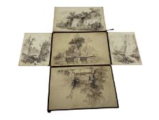 Manner of Birkett Foster, pen and ink, a folding love token, comprising five delicate landscape view