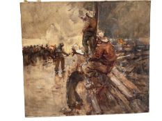 Manner of Josef Israels (1824-1911) watercolour and bodycolour - Fishermen gathered, inscribed verso