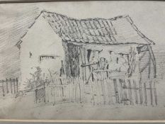 Attributed to Cornelius Varley (1781-1873) pencil, tumble down farm building, inscribed C Varley to