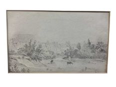 Norwich School, pencil study of Norwich viewed from meadows, 18 x 30cm, mounted