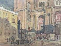Continental school, late 19th century, watercolour - Cathedral Square, Malaga, 24 x 31cm, mounted bu