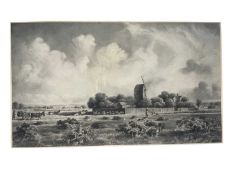 19th century English School, monochrome watercolour, landscape with cattle and figures, signed with
