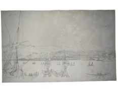 18th / 19th century pen on paper, laid down onto light card, Harbour scene with pagoda and boats, po