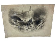 English school, 19th century, pen and monochrome wash, lifeboat rescue off Whitby, 16 x 22cm