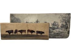 19th century watercolour depiction of cattle, signed and dated 'Arthur 1845', 12 x 30cm, together wi