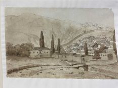 18th century school, pen and sepia wash 'Livadea', 16 x 22cm, mounted but unframed