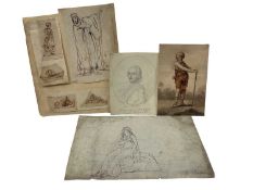 Group of works on paper, including figure sketch inscribed J Flaxman, watercolour of a peasant, penc