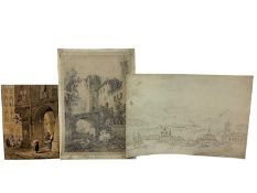 Follower of Samuel Prout, watercolour, Continental street scene, 23 x 15cm, and two further Continen