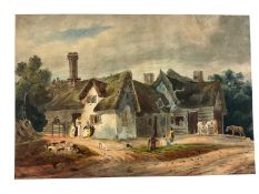 Follower of George Morland, 19th century, watercolour - a farmstead, 17 x 25cm, mounted