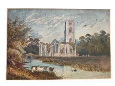John Inigo Richards (1739-1810) watercolour, Fountains Abbey, attributed verso, 21 x 32cm, mounted