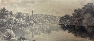 Attributed to John Glover (1767-1849) monochrome wash, lake with folly, 10 x 18cm