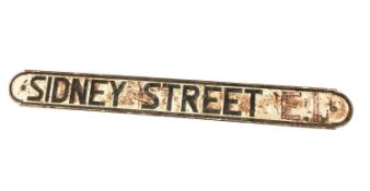 Original cast iron Sidney Street E.1., London street sign, 136 x 15.5cm
