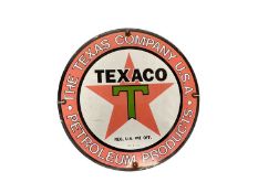Original 'Texaco, The Texas Company U.S.A. Petroleum Products' enamel advertising sign, 30cm in diam