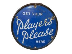 Original 'Get Your Players Please Here' circular enamel advertising sign, 57 x 57cm