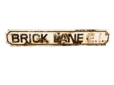 Original Brick Lane E1 cast iron London street sign, 120cm x 19.5cm