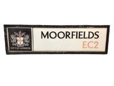 Original Moorfields EC2 City of London street sign, 105.5cm x 30cm