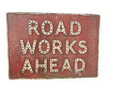Large original British 'Road Works Ahead' metal sign with reflectors, 107 x 76.5cm