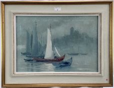 Tulio Silva, oil on canvas - Boats in a Lagoon, signed, 35cm x 50.5cm, framed