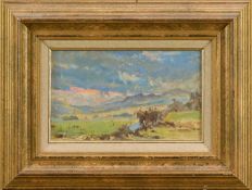 Manner of Diana Armfield (b.1920) oil on board - Extensive Landscape, bearing initials, 15cm x 23.5c