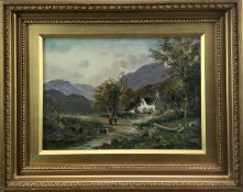 English School late 19th century, oil on canvas - Figures by a stream near a farmhouse, mountains be