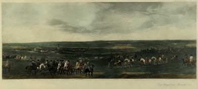 After P. Tillemans, print of King George 1st at Newmarket, 1722, in painted frame. 42 x 91cm.