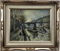 Ian Munro, mid 20th century, oil on panel - a scene on a busy Manchester Ship Canal, signed, in gilt