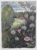Yvonne Scargon (1931-2010) hand-coloured woodcut print - Midsummer, signed, 15cm x 10.5cm, in glazed