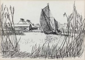 Andrew Dodds, pen and ink - 'Thames Barge on the Alde', Snape, signed, titled verso, 15cm x 21cm, in