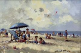 Kevin B. Thompson pair oils on paper - 'On the Beach' and 'A Suffolk Beach', both signed, both 23cm