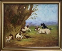 Henry Percy - Terriers at rabbit holes, oil on board, signed, in gilt frame. 20 x 25cm.