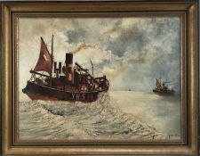 Gordon Allen, mid 20th century, oil on canvas board - A Yarmouth trawler at sea, signed. 3035 x 60cm