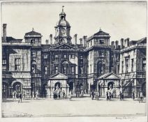 Henry Rushbury (1889-1968) etching of horseguards, signed below, 22cm x 27.5cm, unframed