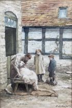 Sentimental watercolour of rustic scene by C.W. Morsley - two children watching sheep being clipped,