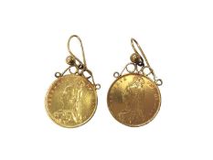 Pair of Victorian gold half sovereigns, 1887, in yellow metal earring mounts