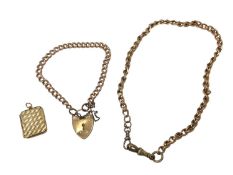 9ct gold bracelet with padlock clasp, 9ct gold back and front locket and a yellow metal watch chain