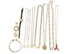 Group of 9ct gold jewellery to include chains, pendants, a brooch, a torque bangle and a ladies Rege