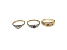 Three 18ct gold diamond and gem set rings