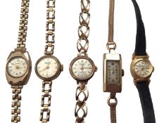 Four 9ct gold ladies wristwatches all on 9ct gold bracelets and 18ct gold cased watch on leather str
