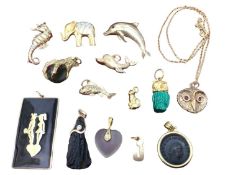 Group of 9ct gold novelty animal pendants and brooches, together with four 14ct gold mounted pendant