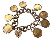 9ct gold curb link bracelet with a padlock clasp and 8 Victorian gold full sovereigns