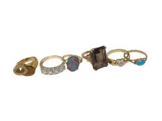 1970s 18ct gold diamond and tiger's eye ring, 14ct gold synthetic five stone ring, 10ct gold opal do