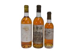 Three bottles, Chateau Monbazillac 1966, Chateau Haut Mayne Sauternes 1988 and a half bottle of Chat