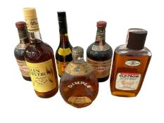 Six bottles, Glen Deveron 12 year old whisky, Haig Dimple, two bottles of Drambuie, Old Crow Kentuck