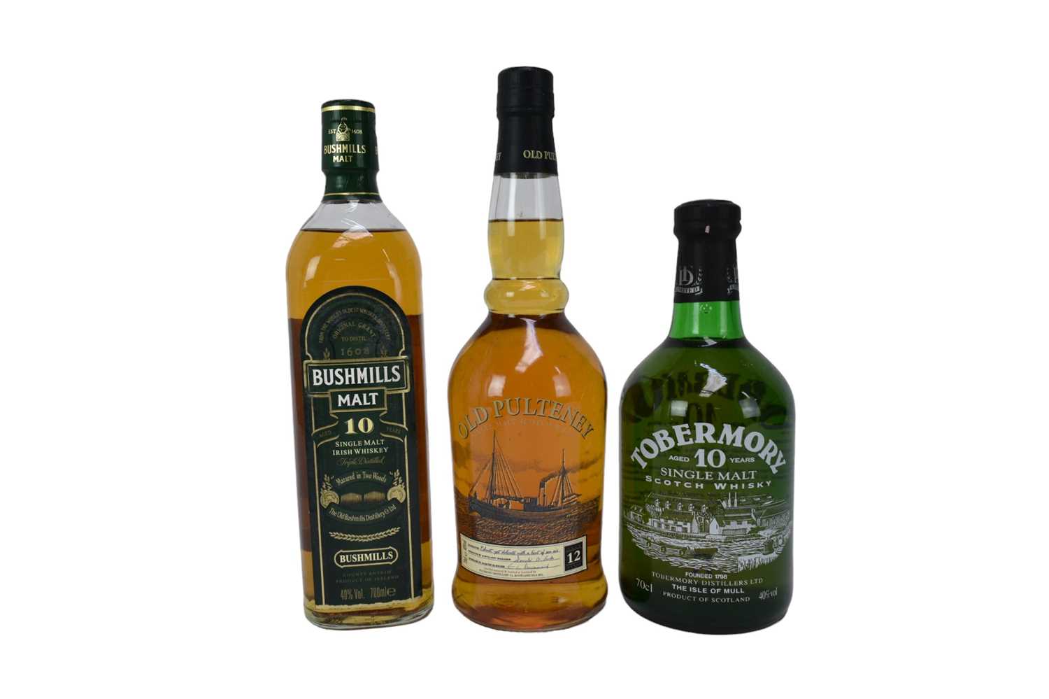 Three bottles, Tobermory 10 year old single malt scotch whisky, 40%, 70cl. Old Pulteney 12 year old,