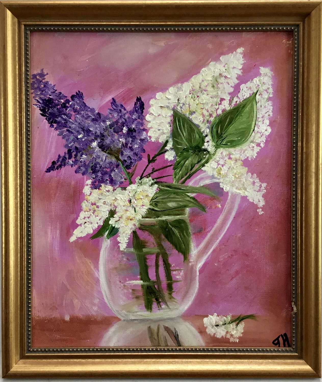 Jasmine Holme, oil on board, Lilac blossom in a glass vase, signed with initials, also inscribed ver