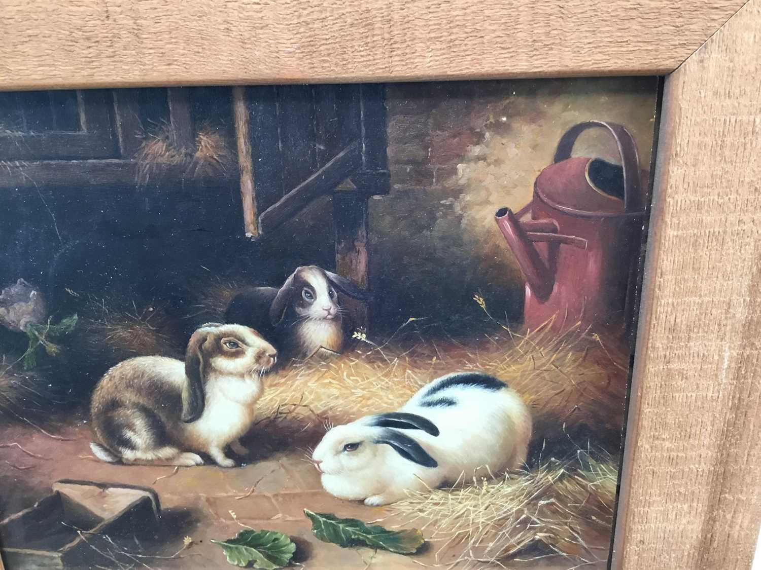 20th century English School, oil on board, Four Lop Eared Bunnies in a barn, in wooden frame, 19 x 2 - Image 4 of 7